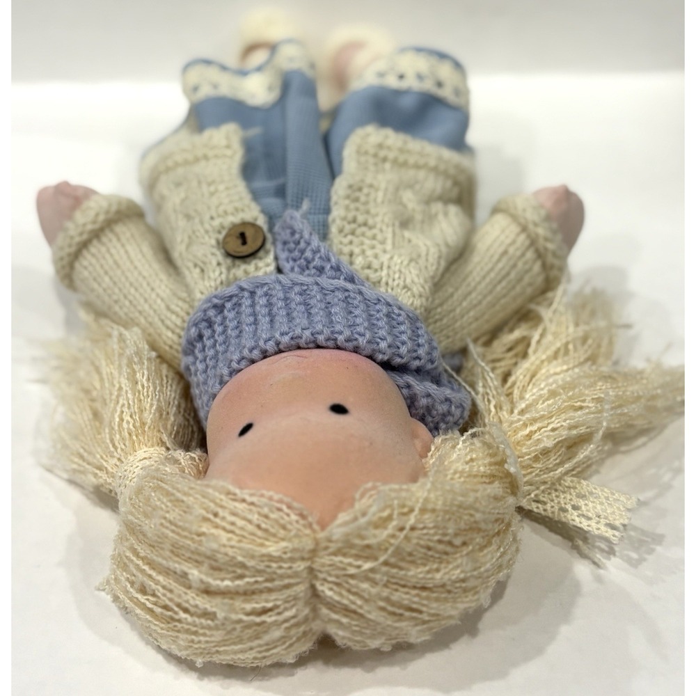 12" Handmade Rag Doll Blonde Pigtails Blue Dress Knit Sweater Plush Toy - Picture 3 of 9